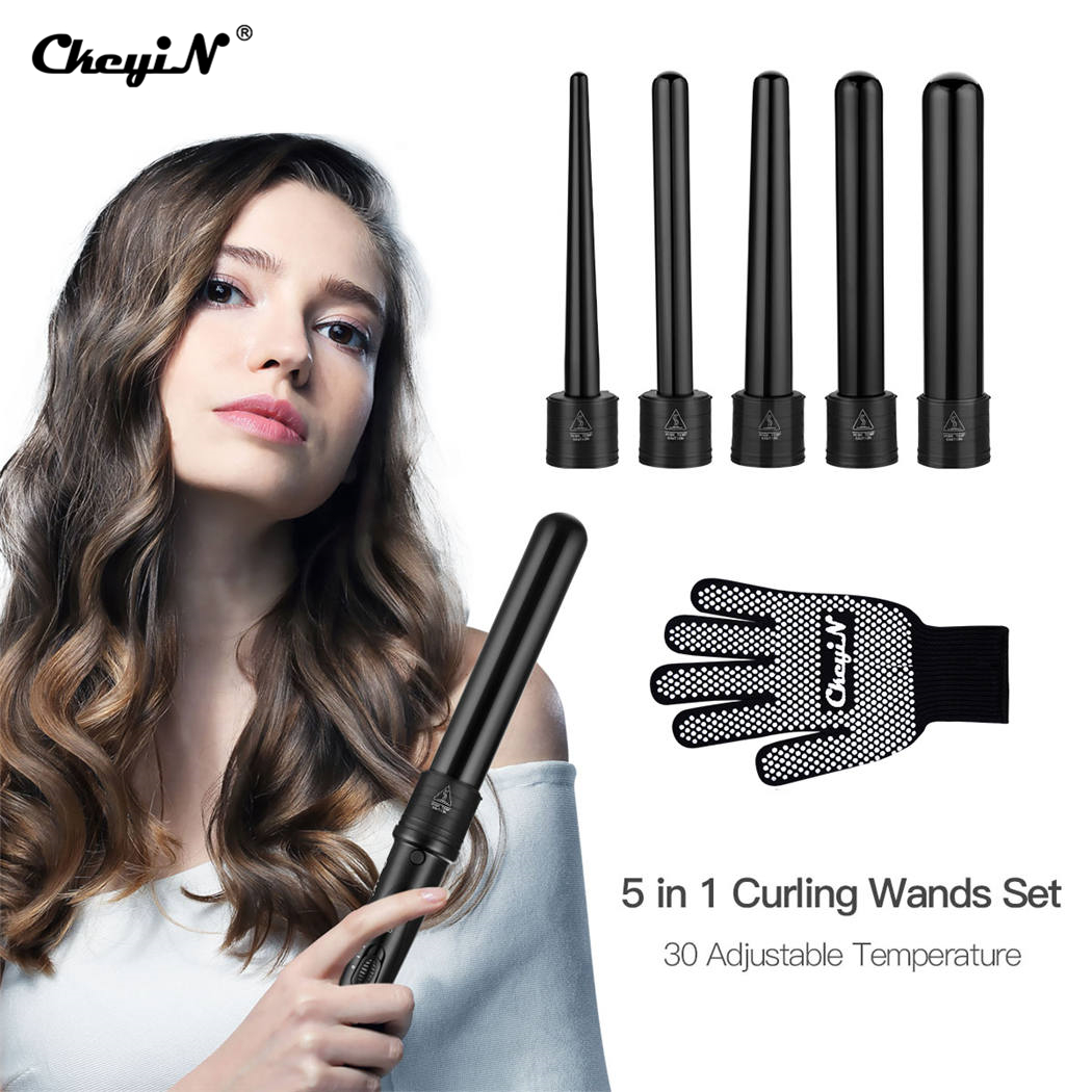 CkeyiN Curling Wand, 2-Speed Temperature Control Hair Curlers 5 In 1 Curling Iron,Multifunction Interchangeable Hair Curlers Kit with Glove PCE Fast Heated up