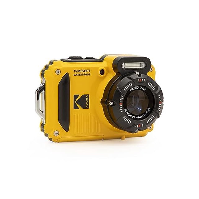 KODAK PIXPRO WPZ2 Rugged Waterproof Shockproof Dustproof WiFi Digital Camera in yellow, featuring a 16MP BSI CMOS sensor, 4X optical zoom, and 1080P Full HD video capabilities. Designed for underwater use up to 15m (49'), shockproof up to 2m (6'), and dustproof for outdoor adventures. Includes a 2.7-inch LCD screen, built-in WiFi for easy sharing, and is ideal for vlogging, sports, and adventure photography.