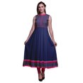 thumbnail image 1 of Bimba Robe Anarkali Bleu Marine à Feuilles, Col Mandarin, Sans Manches, Kurtis pour Femmes, Robe Maxi à Imprimé, Très Grande, 1 of 6