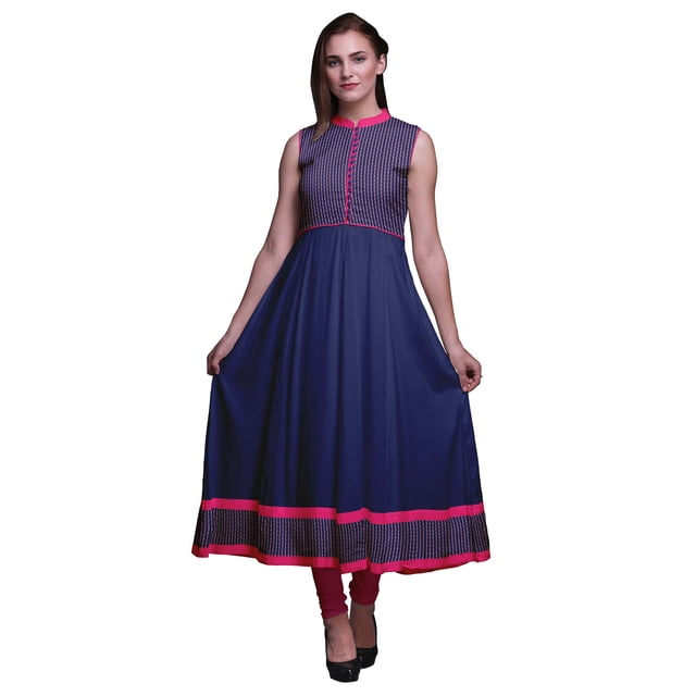 Bimba Robe Anarkali Bleu Marine à Feuilles, Col Mandarin, Sans Manches, Kurtis pour Femmes, Robe Maxi à Imprimé, Très Grande