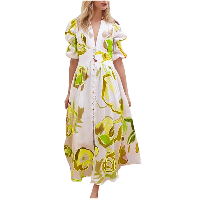 Cameland Robe Décontractée d'Été pour Femme à Imprimé, Manches Courtes, Col en V, à Volants, en base Blanche avec Motifs Floraux Audacieux Jaune et Vert. Cette Robe Légère en polyester Présente un Col en V, des Manches Courtes Bouffantes et un design à Volants, Parfaite pour les Sorties Décontractées, les Mariages Ou les Vacances par Temps Chaud.
