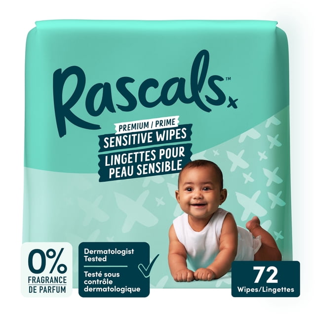Rascals Premium Sensitive Alcohol Free Baby Wipes single pack with 72 wipes, in teal and light green packaging labeled dermatologist tested and fragrance-free, designed for gentle cleaning of sensitive baby skin.
