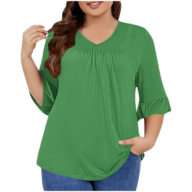 Timegard Plus Size Tops for Women V-Neck Ruched Ruffle 3/4 Sleeve Comfy Tee Shirts Casual Loose Tops