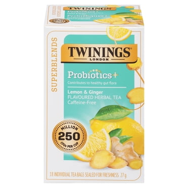 Twinings Superblends Probiotics+ Lemon & Ginger Herbal Tea Bags, Caffeine Free, 18 Count