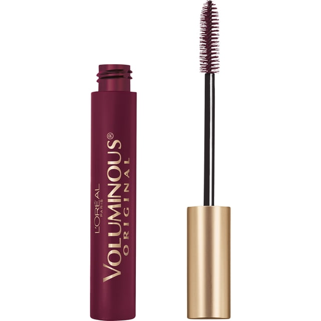 L'Oréal Paris Voluminous Original Mascara in a burgundy tube with gold cap, featuring a volume maximizing brush that thickens lashes up to 5X their natural thickness while resisting clumps, smudges, and flakes, suitable for sensitive eyes and contact lens wearers.