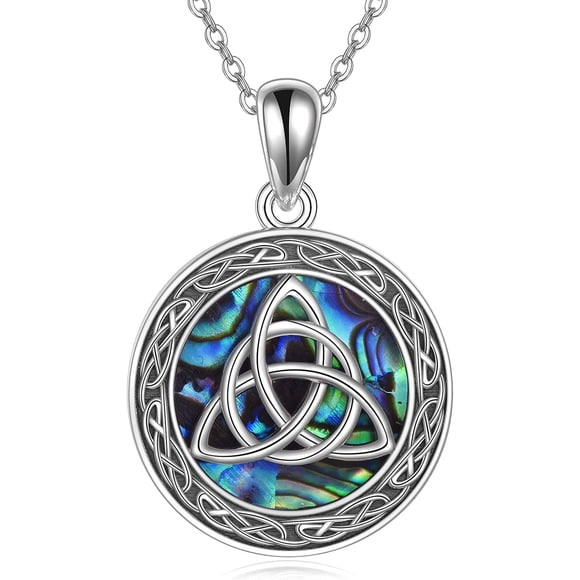 Celtic Trinity Knot Necklace Sterling Silver Abalone Shell Triangle Triquetra Pendant Necklace Good Luck Irish Jewelry for Women Men