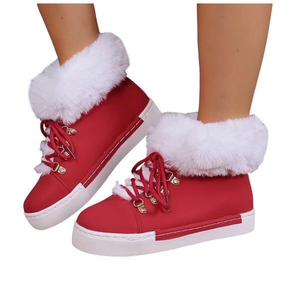 Dakaela Winter High Top Sneakers for Women Platform Fleece Lined Ankle Boots Fashion Lace up Casual Walking Booties Shoes Red 9.5