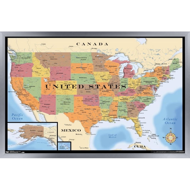 Carte - Affiche Murale des États-Unis, 22,375 Po x 34 Po Encadrée Montrant une Carte Politique Codée par Couleur des États-Unis avec les États Étiquetés, les Grandes Villes et les Capitales, Bordée par le Canada, le Mexique, les Océans du Pacifique et de l'Atlantique, Incluant des Cartes Encadrées de l'Alaska et d'Hawaï, Encadrée en Noir avec une rose des Boussoles, Idéale pour la Déco Murale de la Maison Ou du Bureau.