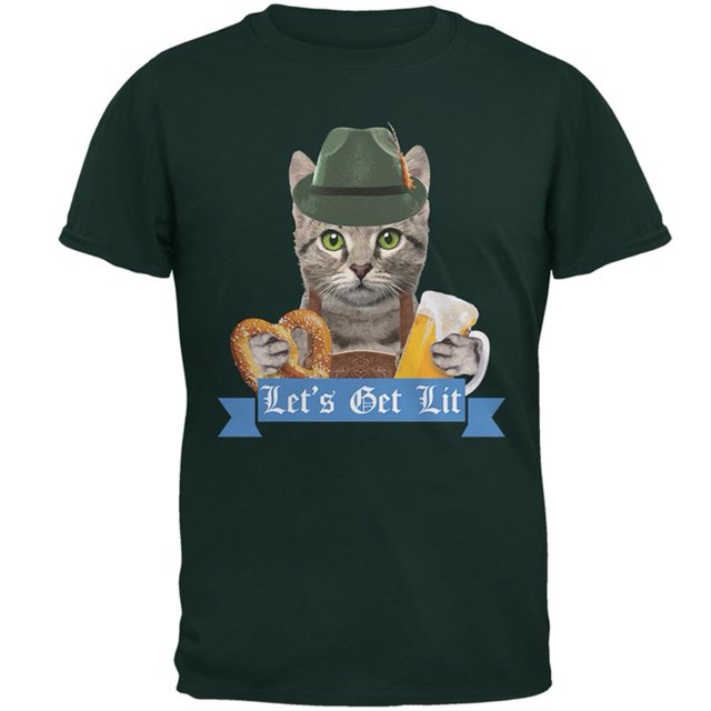 Oktoberfest Funny Cat Let's Get Lit Mens T Shirt Forest