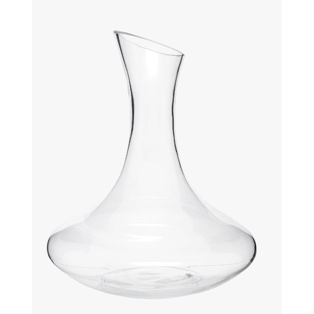 Mainstays Clear Glass Decanter 1.5L with a wide, rounded base and narrow angled neck made of clear lead-free crystal glass, designed to aerate red and white wines, shown on a white background, also suitable for serving cold beverages.