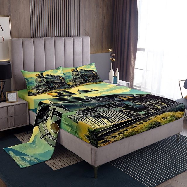 Erosebridal Vintage Train Print Bed Sheets Set Full Size, Yellow Aurora Bedding Set, 4 Pieces,