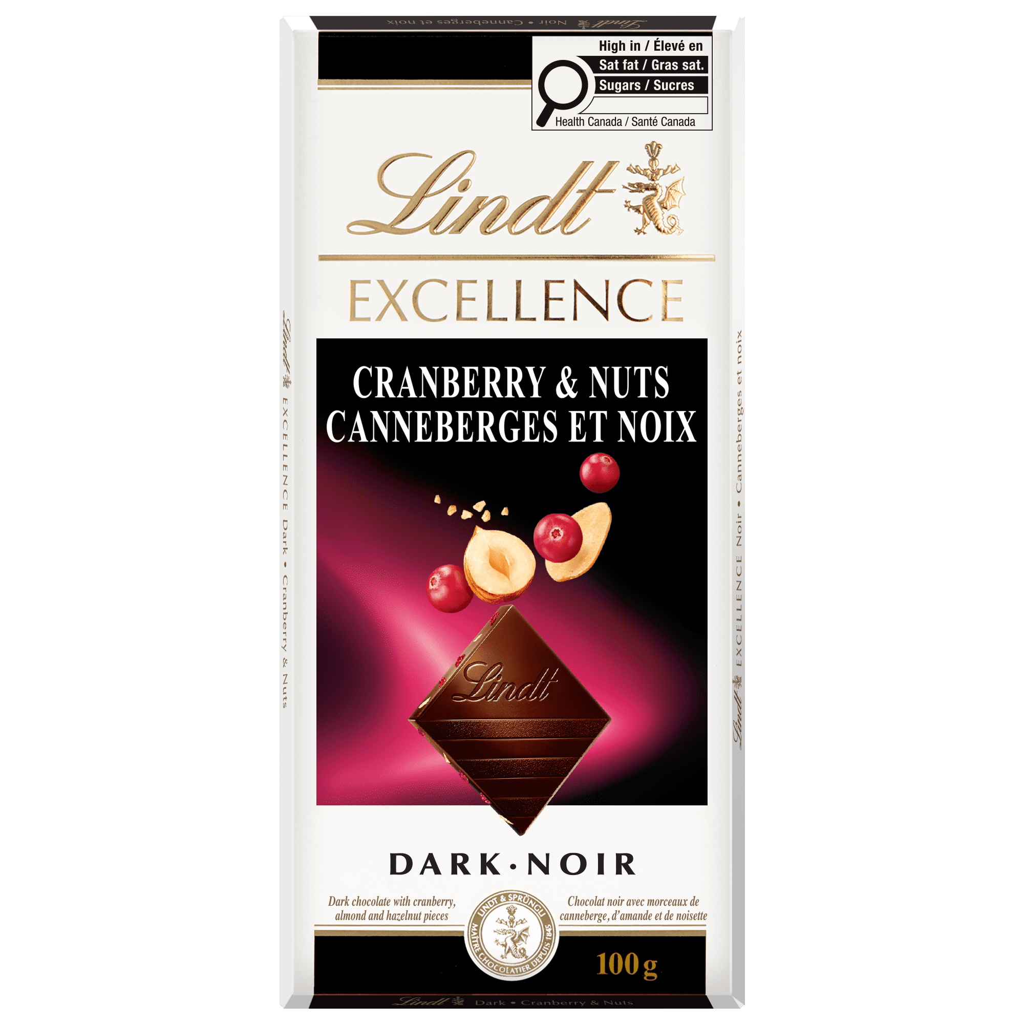 Chocolat noir Lindt EXCELLENCE avec canneberges et noix Barre, 100 g