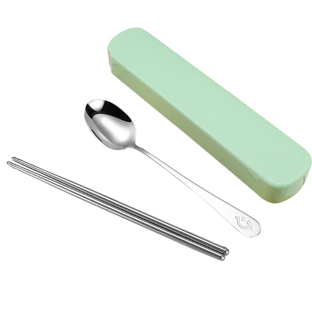 Hi,Fancy Portable Chopsticks Spoon Set Stainless Steel Student Office Cutlery with Storage Box, Smile, Green, 2Pcs