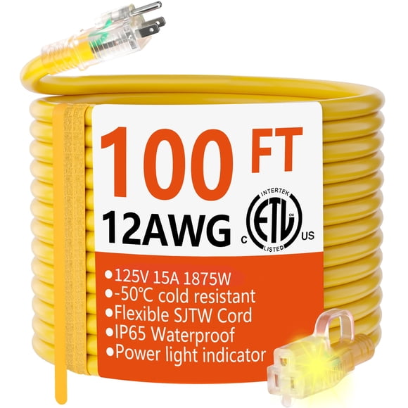 HUANCHAIN 12/3 Gauge Heavy Duty Outdoor Extension Cord 100 ft Waterproof with Lighted end, Flexible Cold-Resistant 3 Prong Electric Cord Outside, 15A