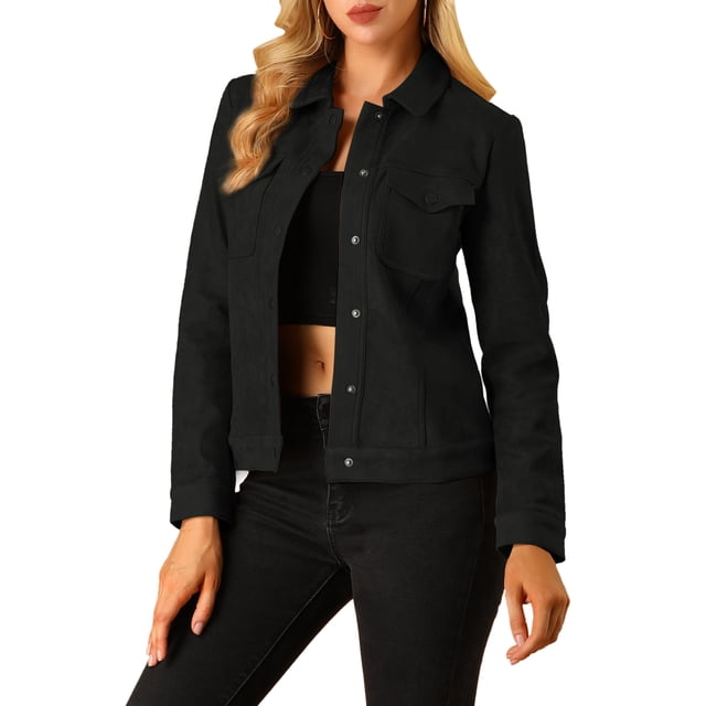 INSPIRE CHIC Veste en Faux Suède pour Femme à Col Rabattu, Poches à Rabat, Boutons-Pression, Noir, XX-Grand