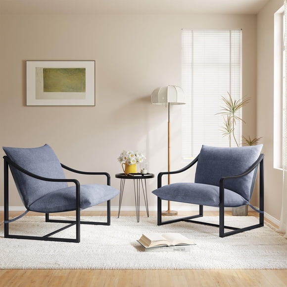 Sling Chair Set of 2, Modern Lounge Sling Accent Chair with Metal Frame & Removable Ergonomic Cushion, Upholstered Armchair
