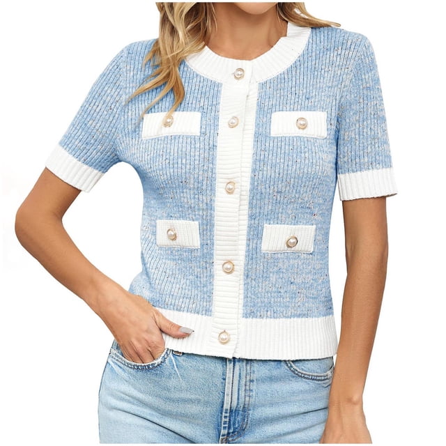 JGGSPWM Womens Short Sleeve Button Down Cardigans Sweater Cropped Lightweight Crew Neck Elegant Knit Tops with Pockets Blue M