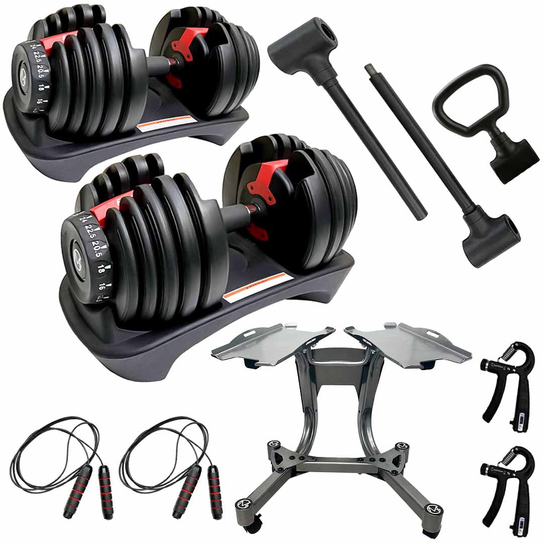 MotionGrey Adjustable Dumbbells 5-52.5 LB with High Strength Hand Grip & Converter - Dumbbell Stand, Barbell Attachment, Jump Rope and Anti-Slip Metal Hand Equipment