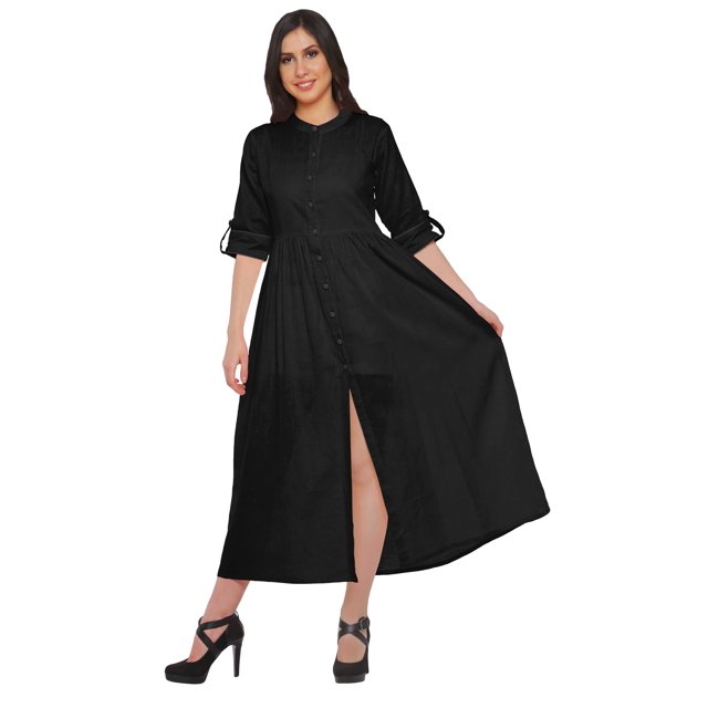 Moomaya Long Button Down Shirts For Women Front Slit A-Line Kurtis Summer Kurta