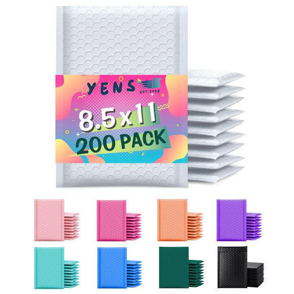Yens Poly Bubble Mailers 8.5x12 200 Pack White Waterproof Self Seal Adhesive Shipping Bags Cushioning Padded Envelopes for Shipping Mailing Packaging Usable 8.5x11