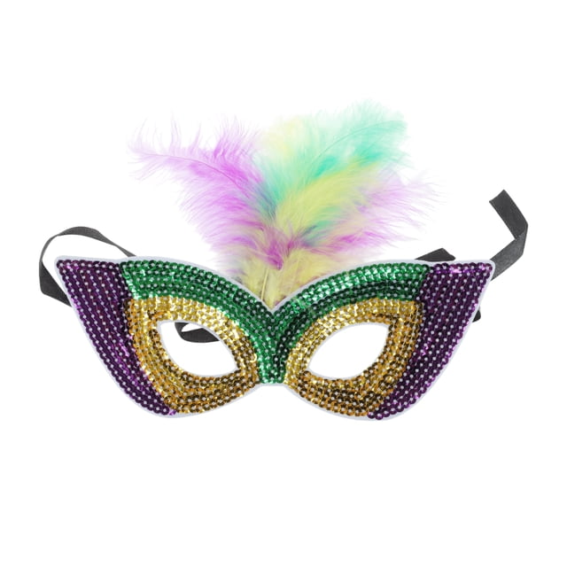 Unique Bargains 1 Pc Multicolor Feather Sequins Half Face Party Mask for Masquerade Party Gold Tone Sequins Fabric