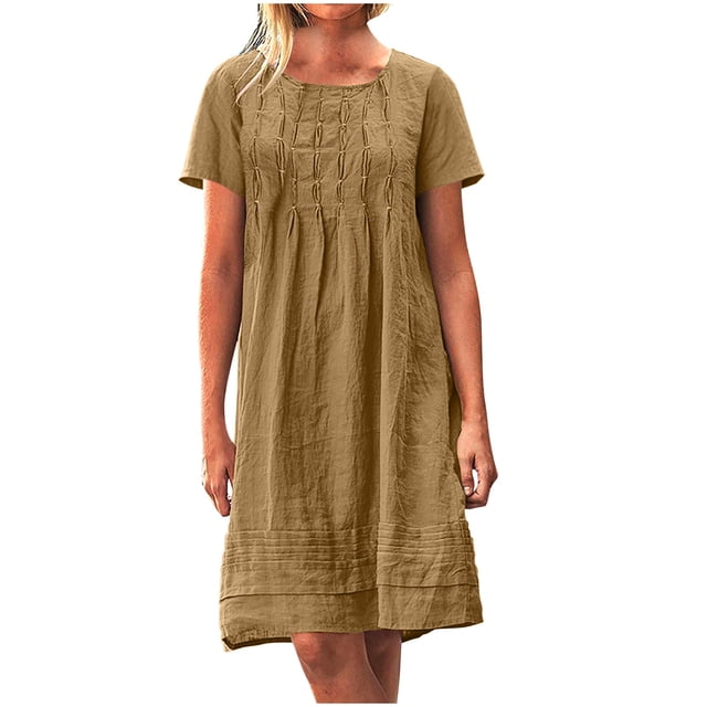 LOVZFMLL Robes pour Femmes Été Tendance Manches Courtes Amples Confortables Robes Plissées Plage Décontractées Longueur Genou Robe d'Été Café S