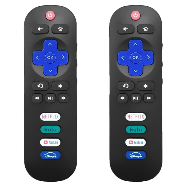 2 Pieces TV Replacement Remote Control, compatible with TCL, Hisense, Onn Roku TVs, and more. The remotes feature a black body with blue navigation buttons and include four shortcut buttons for Netflix, Hulu, YouTube, and Disney+. Designed for infrared operation with a delay-free response up to 10 meters. No pairing required; just insert AAA batteries (not included).