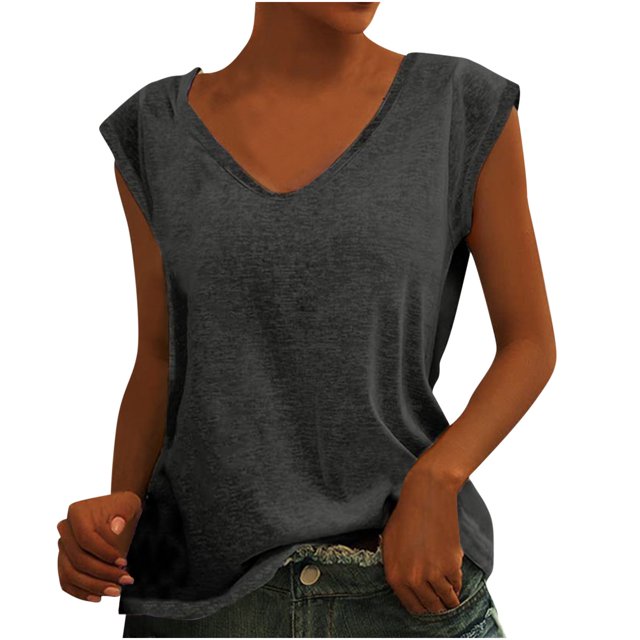 Pompotops Womens Solid Color Cap Sleeve Blouses T-Shirt Casual Loose Fit Basic Shirts Tank Tops