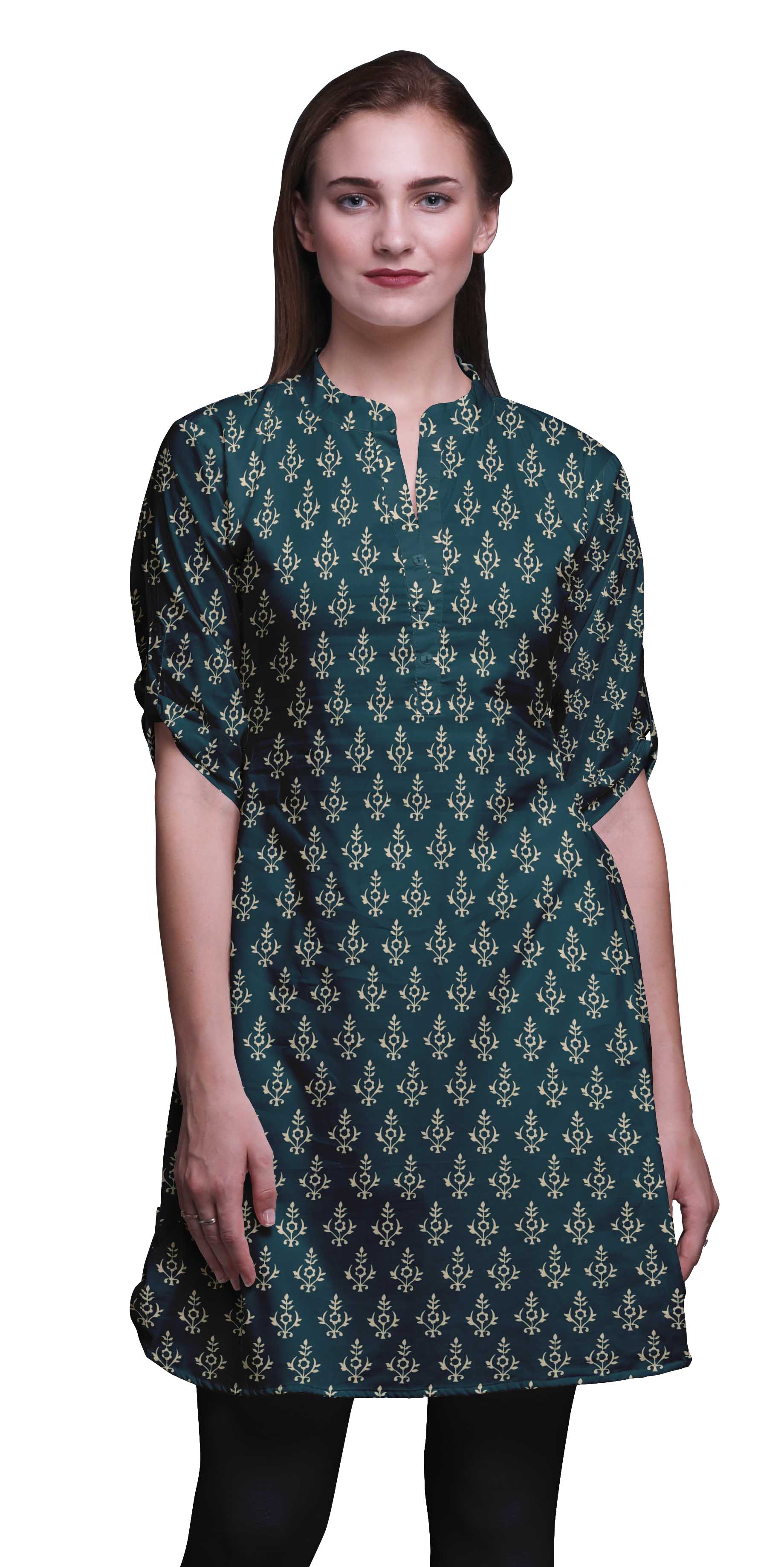 Bimba Roll Up Sleeve Kurti For Women Printed Mandarin Collar Short Kurti Tops
