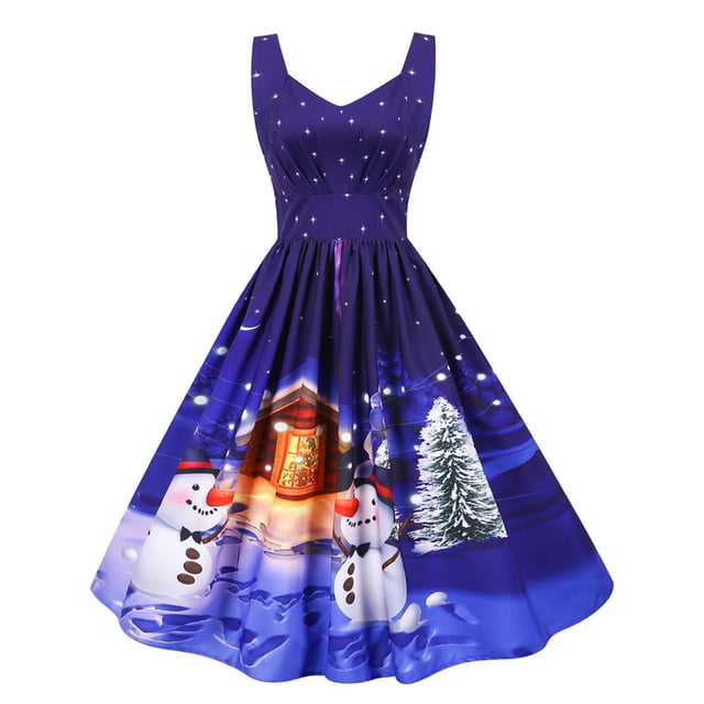 Fridja Robe de Fête Sans Manches Imprimée de Noël Décontractée pour Femmes