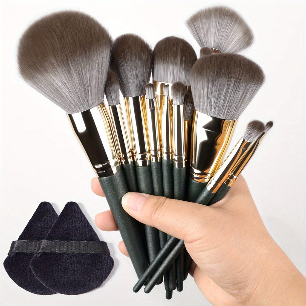 LNGOOR 14Pcs Makeup Brush Set +2pcs Black Triangular Powder Puff Soft Fluffy Professional Cosmetic Foundation Powder Eyeshadow Kabuki Blending Make Up Brush Beauty Tool With Bag Makeup Sp