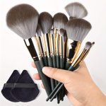 LNGOOR 14Pcs Makeup Brush Set +2pcs Black Triangular Powder Puff Soft Fluffy Professional Cosmetic Foundation Powder Eyeshadow Kabuki Blending Make Up Brush Beauty Tool With Bag Makeup Sp