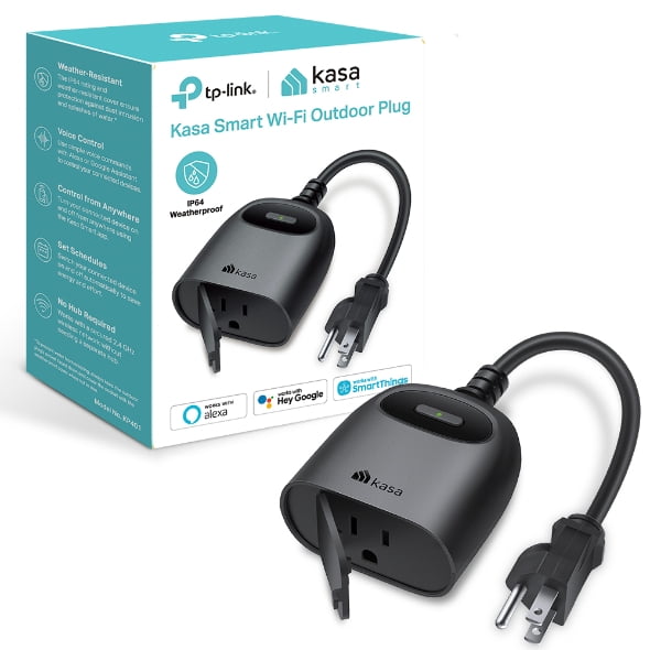 TP-Link Kasa Smart Wi-Fi Outdoor Plug-In Dimmer with a weather-resistant IP64-rated design, featuring a single outlet and a short power cord. The device is compatible with Alexa, Google Assistant, and SmartThings for voice control. It allows remote operation, dimming, and scheduling via the Kasa Smart app. The product is displayed alongside its branded packaging, highlighting its smart home integration and outdoor durability.