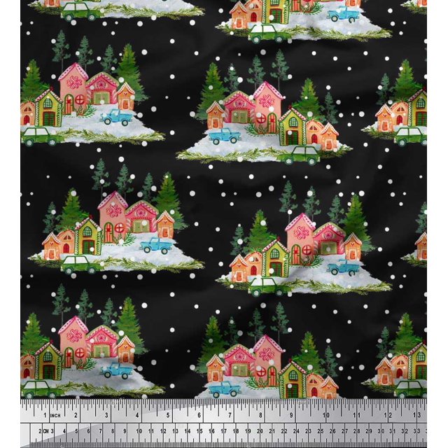 Soimoi Modal Satin Fabric House,Snowfall & Tree Nature Print Sewing Fabric Yard 42 Inch Wide