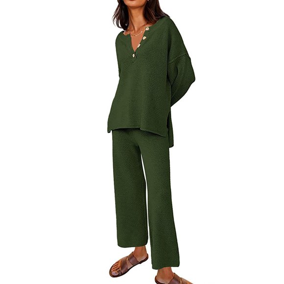 DDAPJ pyju 2 Piece Fall Outfits for Women 2023 Trendy,Waffle Knit Pajama Sets Long Sleeve Side Slit Button Blouse and Wide Leg Pants Matching Lounge Set Loose Comfy Loungewear