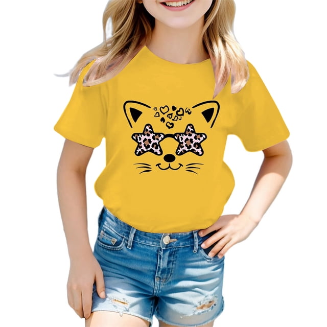 LUOGENLI T-Shirt pour Filles Enfant Filles Mignon Graphique Col Rond Manche Courte Tee Été Décontracté T-Shirt Chandails pour Filles Tendance Été Midi Jaune 3-4 Ans