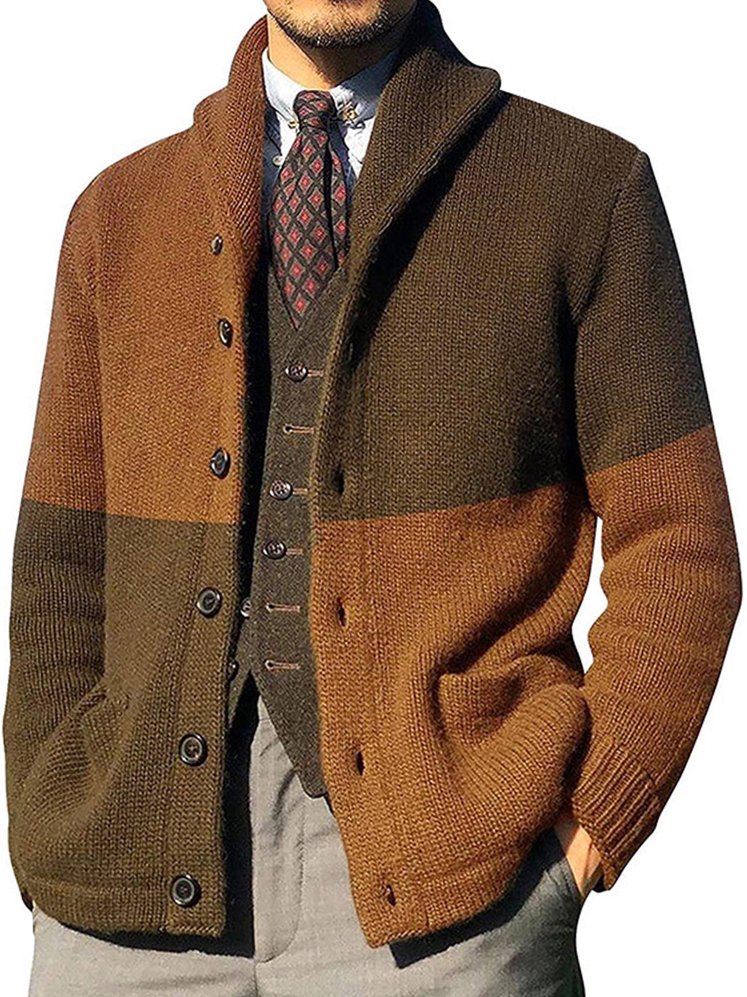 MAWCLOS Mens Outwear Open Front Cardigan Sweater Long Sleeve Sweaters Knitted Outdoor Color Block Cardigans Brown M