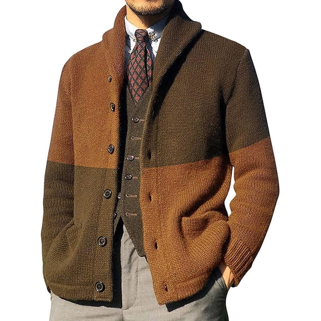 MAWCLOS Mens Outwear Open Front Cardigan Sweater Long Sleeve Sweaters Knitted Outdoor Color Block Cardigans Brown XL