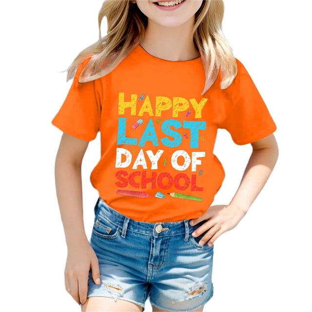LUOGENLI T-Shirt pour Filles T-Shirt à Col Rond Imprimé pour Enfants T-Shirt à Manches Courtes pour Garçons et Filles Ensembles de Hauts Maxi Filles Tenues 2 Pcs Orange 8-9 Ans