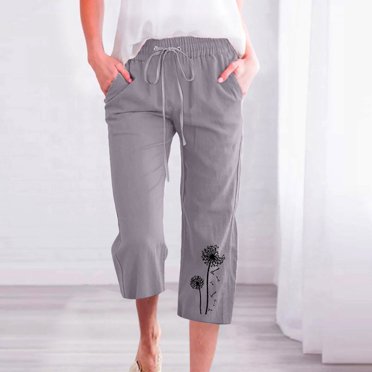 Jsaierl Capri Pants for Women Elastic Waist Pants with Drawstring Cotton Linen Solid Wide Leg Capris with Pocket Trendy Floral Graphic Pants