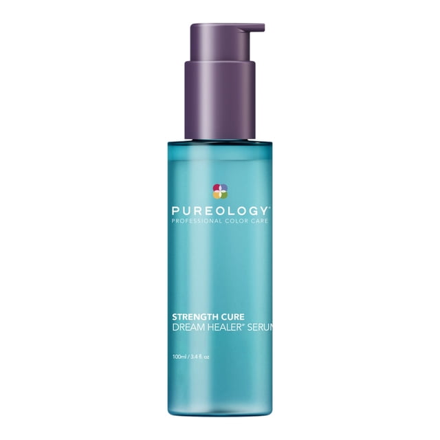 Pureology Strength Cure Dream Healer Serum 100 ml dans une Bouteille turquoise Élégante avec un Distributeur à Pompe Violet. Ce Luxueux Gilet Sans Rinçage pour Cheveux Est Infusé d'Acide Citrique, d'Acide Lactique et d'Acide Aminé pour Réparer et Renforcer les Cheveux Abîmés et Traités par la Couleur. Offre une protection contre la Chaleur jusqu'à 450 °F (230 °C) et Laisse les Brins 7x Plus Forts.