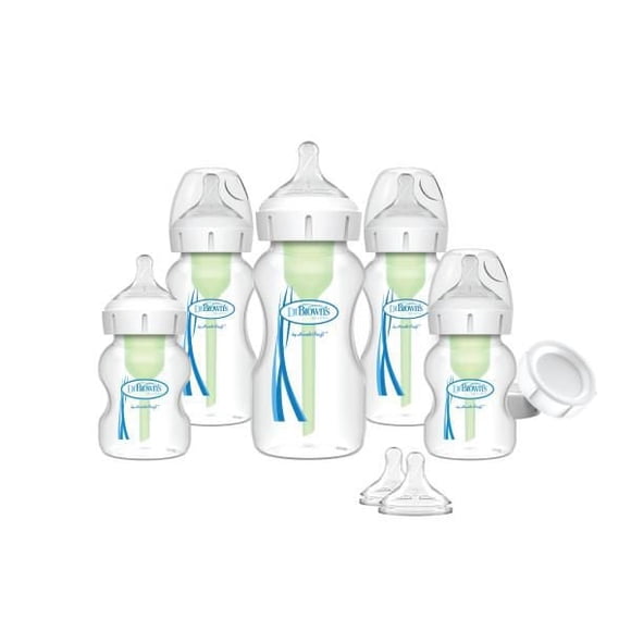 Dr. Brown's Anti-Colic Options+ Wide-Neck Baby Bottle Newborn Feeding Set with Baby Bottle Travel Caps