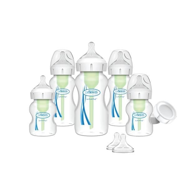 Dr. Brown's Options Anti-Coliques+ Biberon à Grand Goulot pour Nouveau-Né Ensemble d'Alimentation avec Cinq Biberons Transparents, Bouchons Blancs à Grand Goulot, Tétines en silicone et Système d'Évent Interne Vert visible pour Réduire les Coliques et Préserver les Nutriments du Lait, Comprend Deux Tétines Supplémentaires et des Bouchons de Voyage pour une Alimentation Pratique.