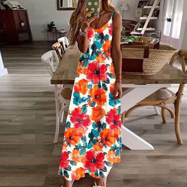 Ovzne Robes pour Femmes Robe Robes d'Été pour Femmes Imprimé Sans Manches Col Rond Robe Décontractée Longues Robes Robe de Printemps Imprimée Liquidation