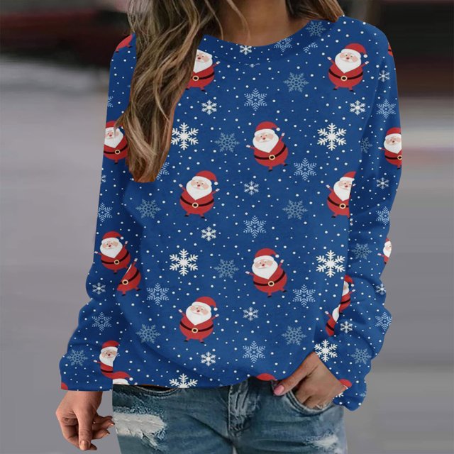 2023 Sweat-Shirt de Noël pour Femmes en Solde Mode Imprimé Manches Confortable Respirant Col Rond Sweat-Shirt