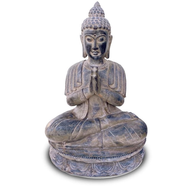 Angelo Décor Lotus Buddha Statue featuring a 26-inch seated Buddha in lotus position with hands in prayer, made from durable NuCrete concrete with a multicolour weathered finish, ideal for garden, patio, walkway, or indoor decor.