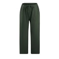 thumbnail image 3 of Women Casual Solid Cotton Linen Drawstring Elastic Waist Wide Leg Pants Cropped Trousers, 3 of 6
