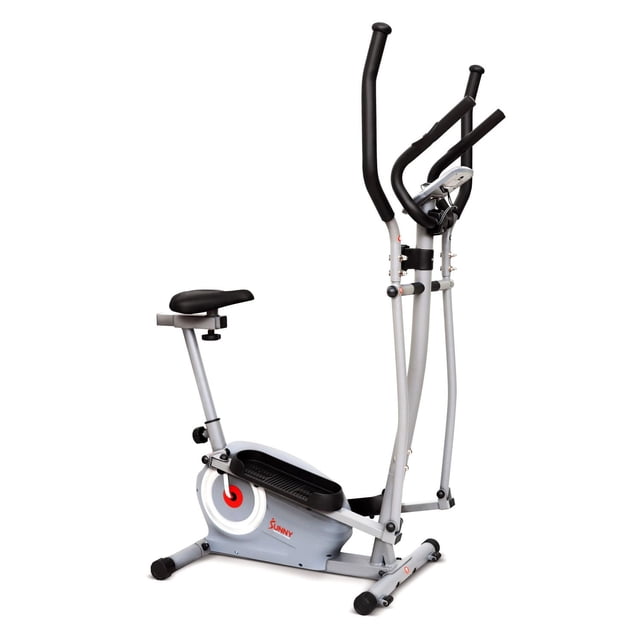 Sunny Health & Fitness Essential Interactive Series Seated Elliptical Trainer in gray with black adjustable seat, 11 lb flywheel, magnetic resistance, dual-action handlebars, and digital monitor displaying calories, distance, and pulse for low-impact cardio workouts at home.