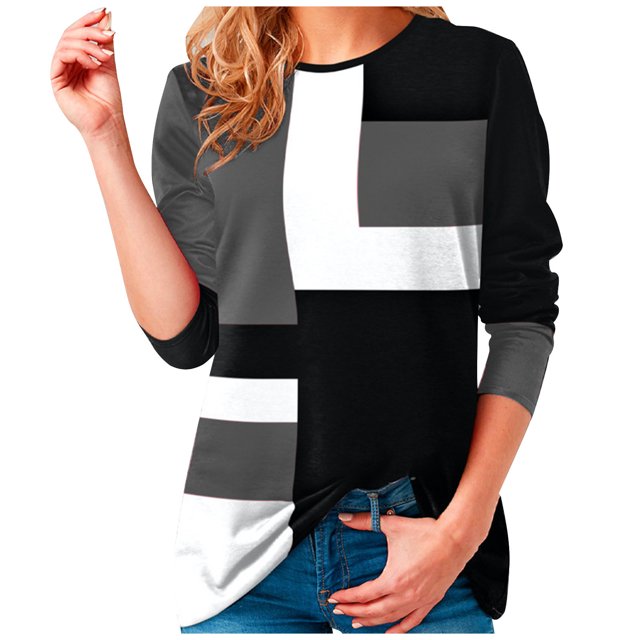 Yuyuzo Chemises Femmes Manches Longues Col Rond Mode Couleur Bloc Patchwork Tops Casual Baggy Shirts