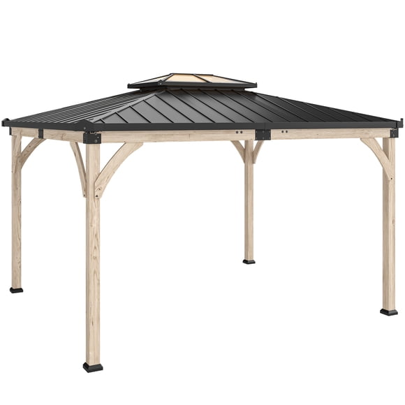Outsunny Pavillon en Bois à Toit Rigide 12 Pieds x 14 Pieds, Auvent, Pavillon Extérieur à Double Toit